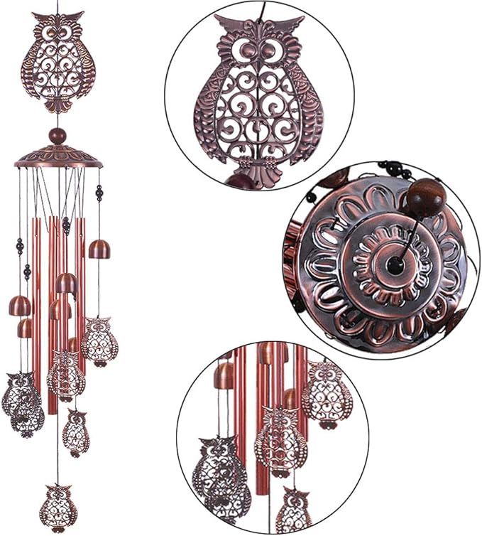 Owl Wind Chimes Outdoor Indoor Decor -with 4 Aluminum Tubes 6 Bells 7 Owls 37Inch Waterproof Mobile Romantic Wind Catcher Owl Windchimes for Home, Xmas Mom Gifts, Balcony, Festival, Garden Decoration