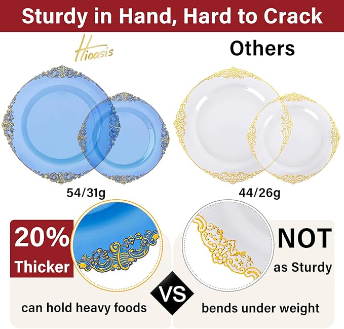Hioasis 210pcs Blue and Gold Plastic Plates - Elegant Disposable Dinnerware Set Suitable for 30 Guests Include 10.25" Dinner & 7.5" Dessert Plates, Pre Rolled Silverware Set, Cups for Party & Wedding
