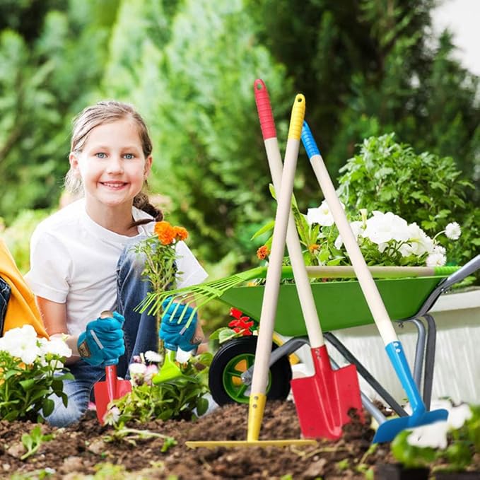 8PCS Kids Rake and Shovel Set, Yard Toys for Kids Ages 3-11, Include Colorful Long Rake, Shovel, Hoe, Leaf Rake, Garden Gifts for Children Outdoor Play