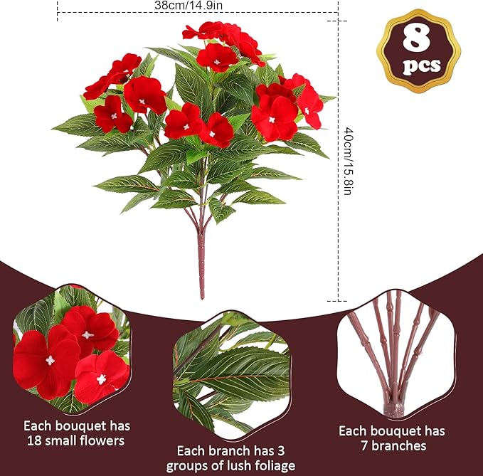 8 Bundles Artificial Impatiens Flowers for Outdoor Silk Impatiens Flowers Faux Flowers for Pot Patio Lawn Garden Hanging Basket Porch Home Decor (8, Red)