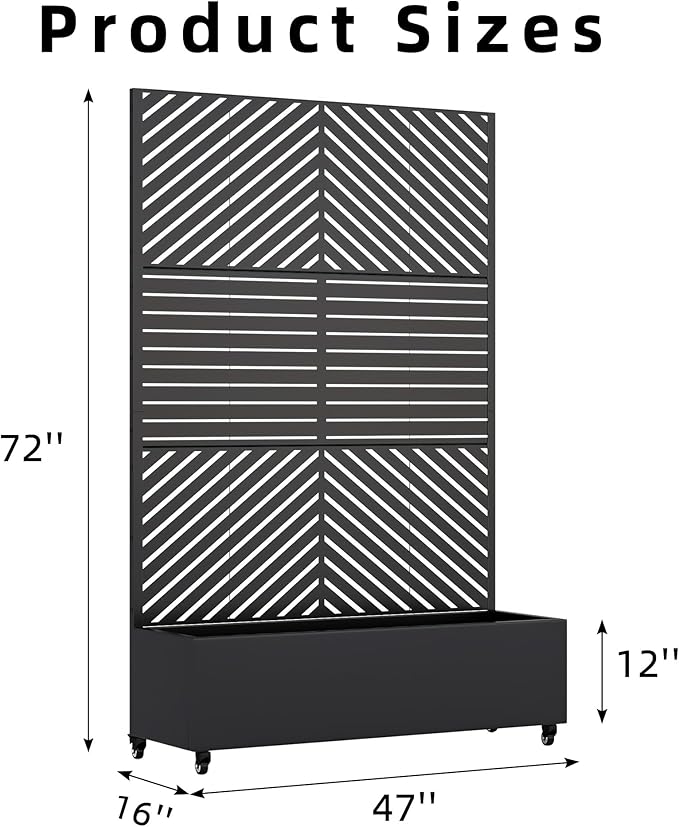 Casaphoria Metal Raised Garden Bed with Trellis and Wheels, 72"x47"x16" Planter Box for Climbing Plants, Vegetables & Vines, Features Drainage Holes and Privacy Screen, Black(Parallel&Louvered)