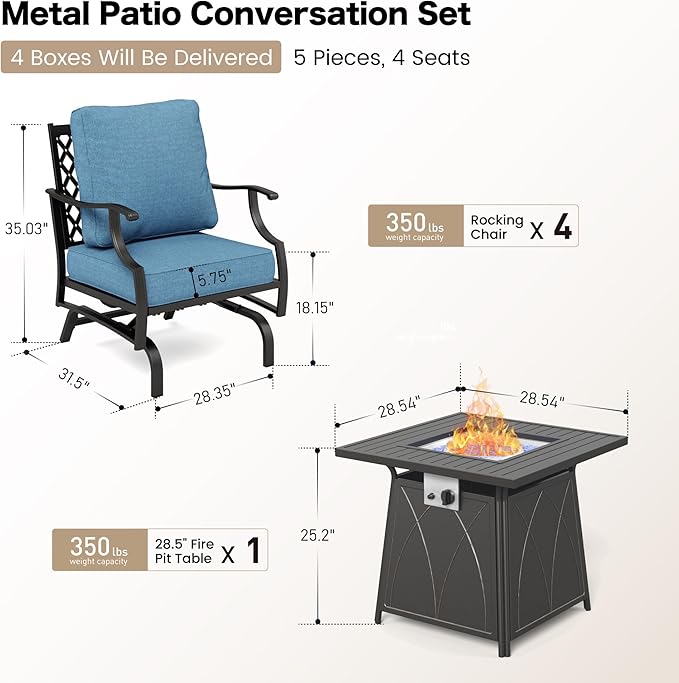 5 Piece Metal Outdoor Patio Furniture Set with Fire Pit Table, Patio Conversation Sets 4 Rocking Chairs with 5.75" Thick Cushion and 5000 BTU Fire Pit Table, Backyard Furniture, Navy