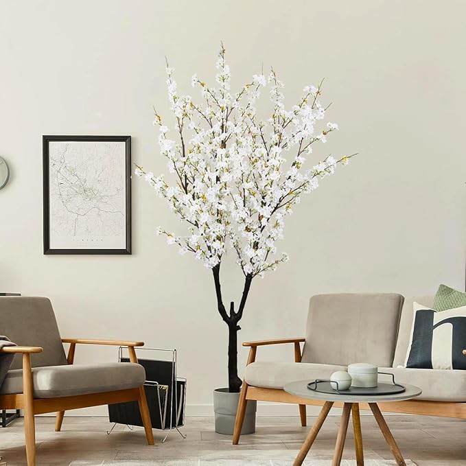 Faux White Cherry Blossom Tree 6ft(72in) Tall Artificial Plant Home Decor Handmade Natural Fake White Flower Tree for Wedding Realistic Silk Cherry Plant in Pot for Living Room,Office,Outdoor Decor.