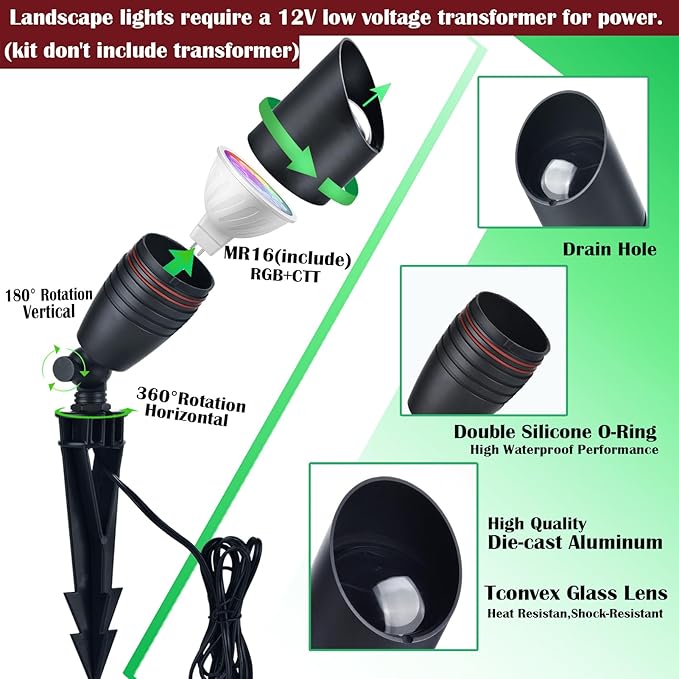 RGB Low Voltage Landscape Lighting Kit, 12 Volt Color Changing Landscape Lights, IP65 Weatherproof Aluminum Outdoor Uplights, Smart Outdoor Spotlights for Tree Lawn