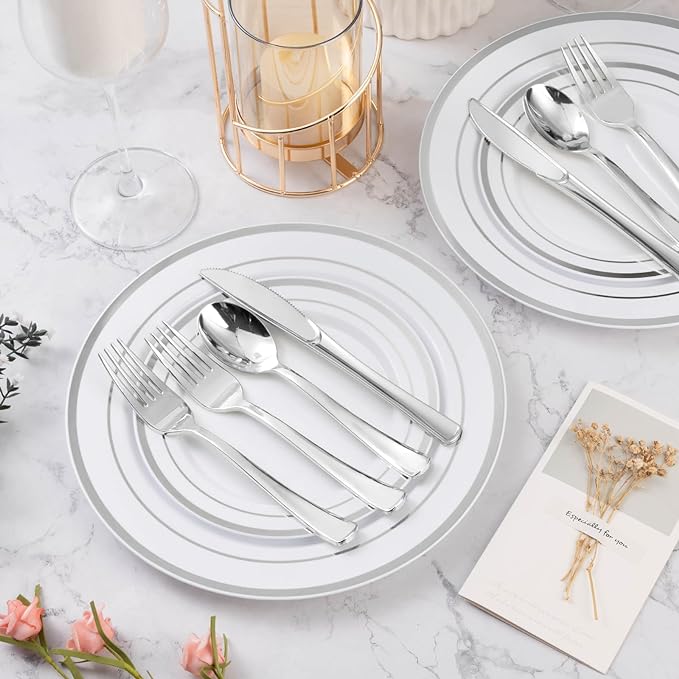 BESTVIP 400PCS Silver Plastic Silverware, Silver Disposable Utensils, Heavy Duty Cutlery Set of 200 Forks, 100 Spoons, 100 Knives for Christmas, Parties, Weddings, Catering and Daily Use