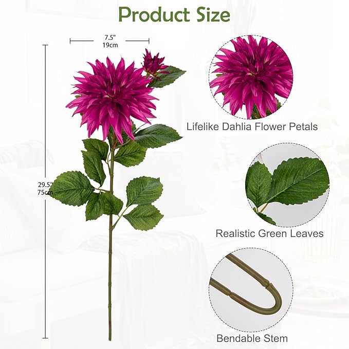 3Pcs Purple-Pink Artificial Dahlia Flowers 29.5" Fake Flower Silk Flowers with Long Stem Floral Arrangements Bouquets Faux Dahlias Flowers for DIY Wedding Party Centerpieces Office Home Decor