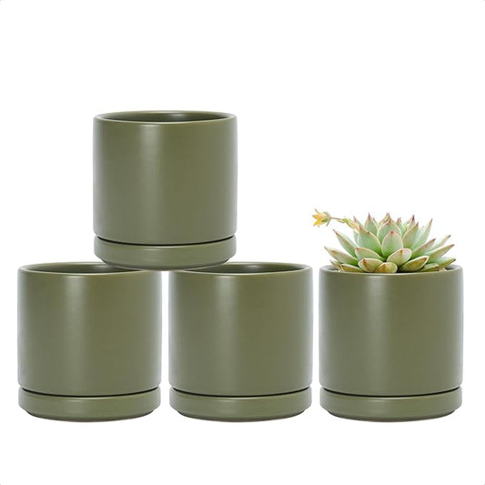 D'vine Dev Set of 4 Small Ceramic Plant Pots, 3.5 Inch Succulent Planter Pot for Plants with Drainage Hole and Saucer, Olive, 94-X-A-0