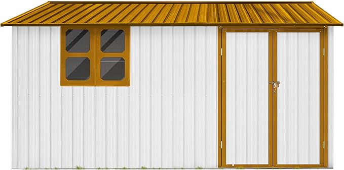 Sheds & Outdoor Storage 12 ft × 10 ft Storage Shed Large Classic Apex Roof Metal Garden Storage Sheds with Hinged Door, Window Tool Cabinet for Backyard, Patio, Poolside, White + Yellow