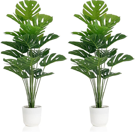 SAJANDAS Set of 2 Artificial Monstera Deliciosa Plants in Pots, Fake Tropical Trees with Greenery Leaves Stems, 32 Inch Faux Swiss Cheese Floor Plants for Home Porch, Garden, Office, Store Decor