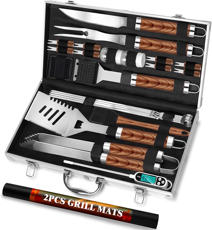 ROMANTICIST 30pcs BBQ Grill Tool Set for Men Dad, Heavy Duty Stainless Steel Grill Utensils Set, Non-Slip Grilling Accessories Kit with Thermometer, Mats in Aluminum Case for Fathers Day Brown