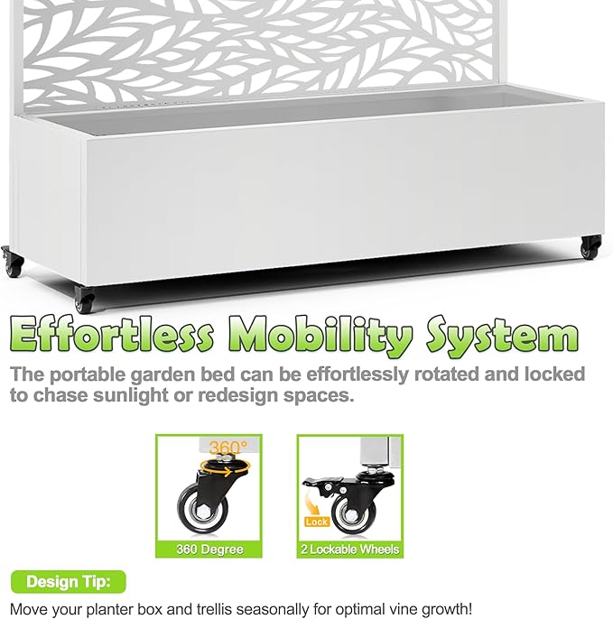 15.7"×70.9"×47.2" Metal Raised Garden Bed with Trellis and Wheels - Tall Trellis Planter Box for Climbing Plants, Vegetables & Vines - Outdoor Privacy Planters for Patio (White-Spring)
