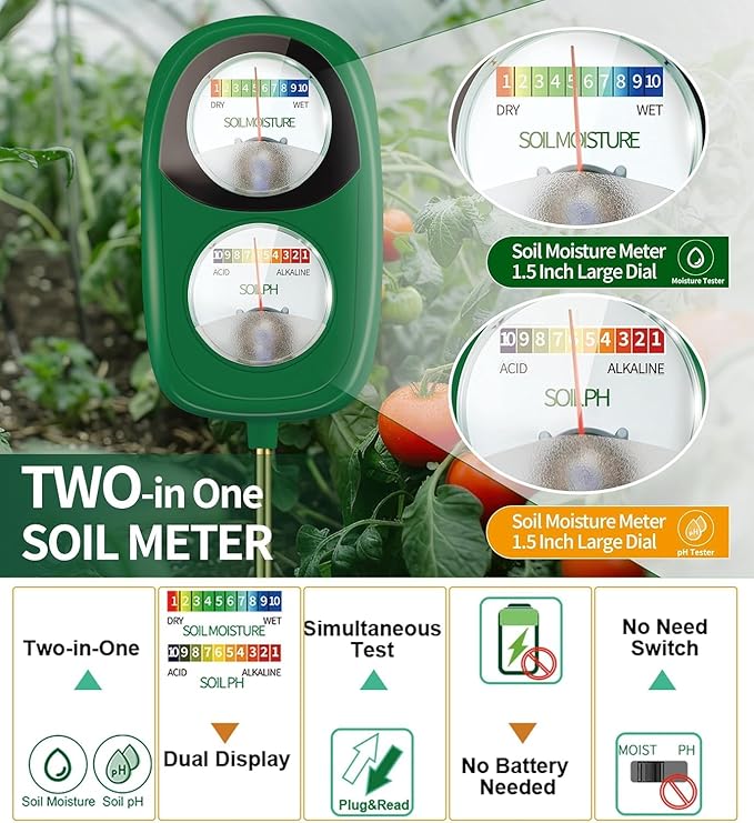 2-in-1 Soil Moisture Meter, Soil PH Meter, Large Dual-Screen Soil PH Tester & Moisture Meter for Plants Indoor&Outdoor Garden,Lawn,Farm Soil Test Kit-No Battery Needed-Avocadogreen
