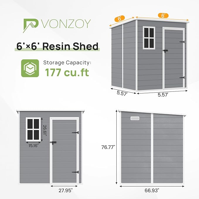 Resin Outdoor Storage Shed, 6x6FT Plastic Garden Shed with Floor, Lockable Door & Window, Waterproof Tool Shed for Backyard Garden Patio Lawn Grey White