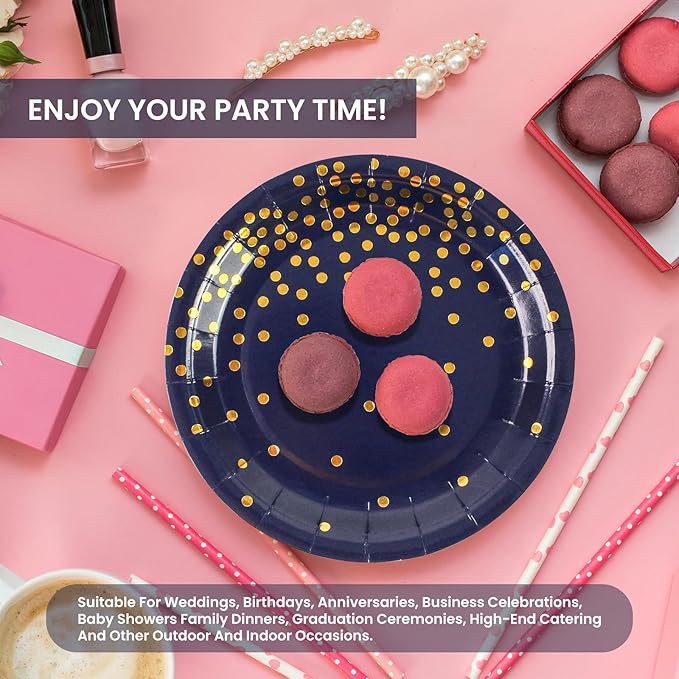 75PCS Paper Plates and Napkins Set - Dark Blue and Gold Dot Disposable Party Dinnerware Includes Paper Plates, Napkins, Forks Decorations for Birthdays, Graduations, Weddings and Holidays, Serves 25