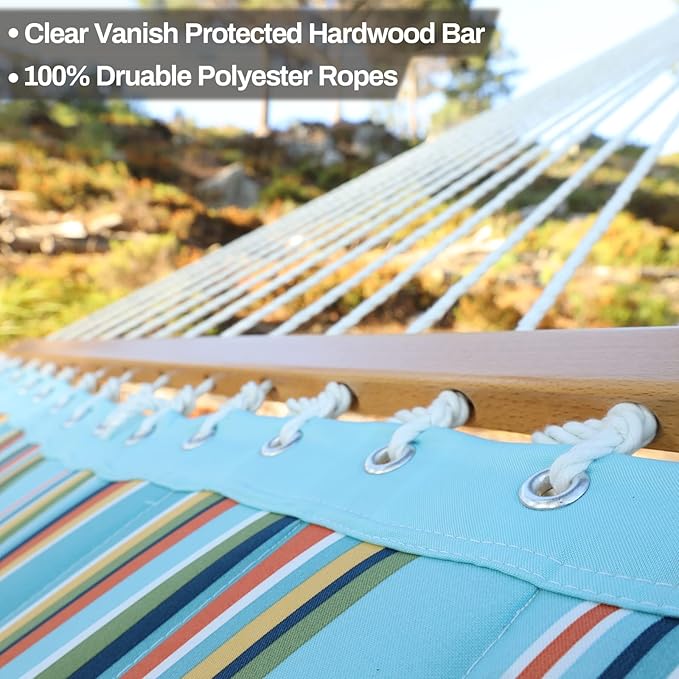 12 FT Double Quilted Fabric Hammock with Spreader Bars and Pillow 450 LBS Weight Capacity 2 Person Hammock for Outdoor Patio Backyard Poolside Blue Stripes