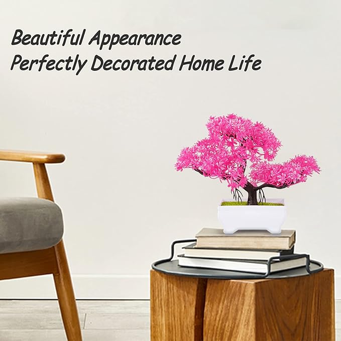 Mini Artificial Bonsai Tree Plants with Plastic Cement Pots for Home Office Décor (Rose Red)