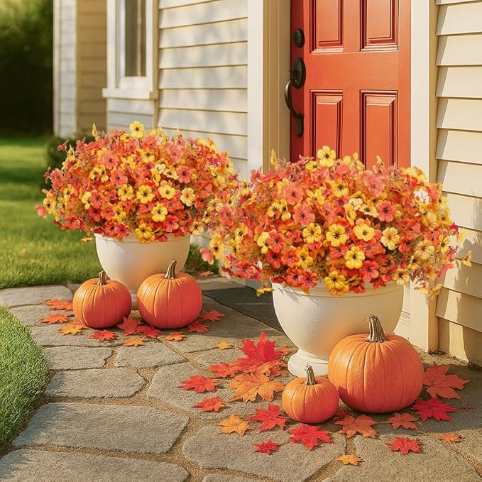 Artificial Mums for Outdoors, 12 Bundles Faux Mums for Outdoor Planters,Uv Resistant Artificial Fake Flowers Plants, Realistic Fall Decor for Porch, Patio, Yard (OrangeYellow)