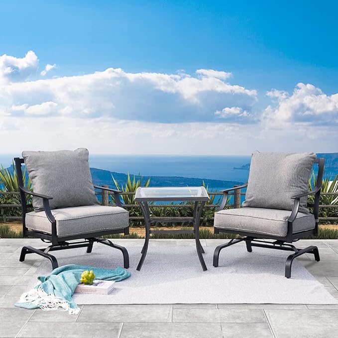 Grand patio Rocking Chairs Patio Chairs Bistro Sets Conversation Chair Set Indoor Outdoor Chat Set Motion Chair A Comfortable Shake of 5-10° Unique Design Patio Set with Grey Cushions 3-Piece