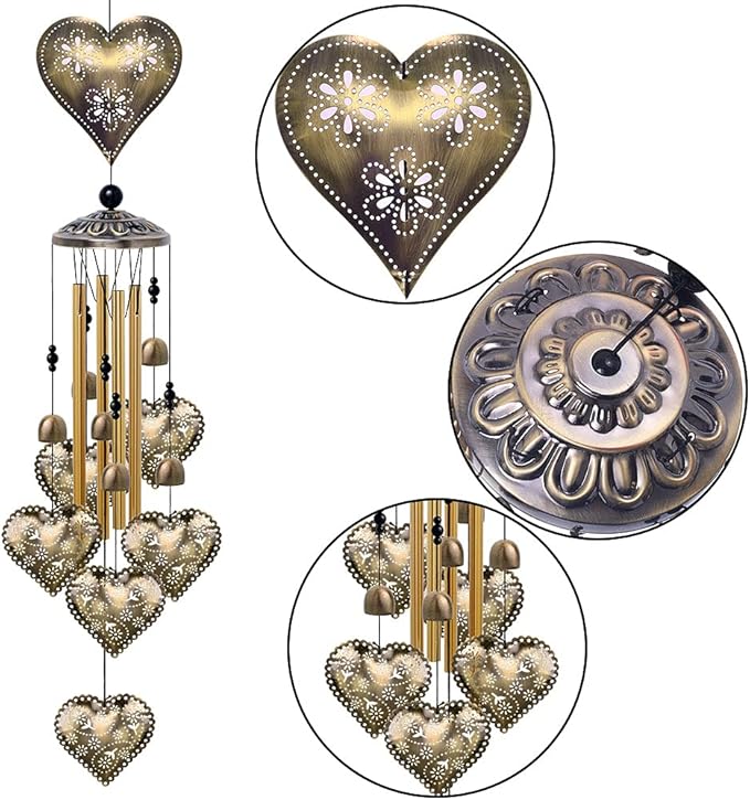 Garden Loving Heart Wind Chimes Outdoor Indoor Decor - with 4 Tubes 6 Bells 7 Hearts Mobile Romantic Wind Catcher, Heart Shaped Windchimes for Home, Mom Gifts, Balcony, Festival, Garden Decoration