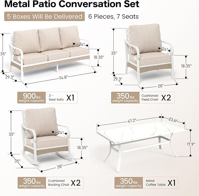 6 PCS Metal Outdoor Patio Furniture Set, Patio Conversation Set 1 3-Seater Couch, 2 Fixed Sofa, 2 Rocking Sofa with 5.75" Thick Cushion and Coffee Table White Backyard Furniture, Beige