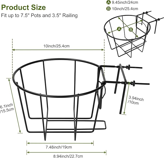 TQVAI 10 Inch Railing Planter - Fit for 1.5 to 3.5 Inches Railing - Adjustable Hanging Planters Outdoor Balcony Deck Flower Pot Holder Metal Baskets for Garden Orchid, Patio Ledge, 3 Pack, Black
