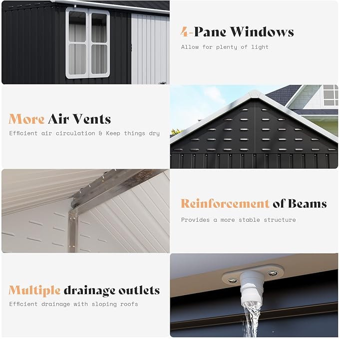 VanAcc 8.6x6x8 FT Outdoor Storage Shed with Lockable Hinged Double Doors and Upgraded Vents, Metal Shed for Backyard, Garden, Patio, Dark Black/White