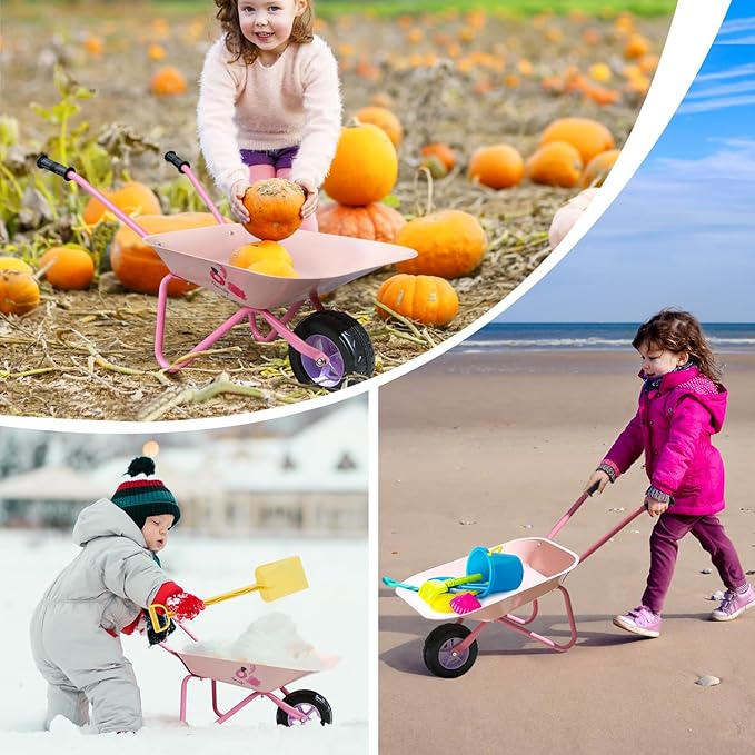 Kids Wheelbarrow Set Metal, Pink Child Wheel Barrel and Kids Gardening Tools Toddler, Garden Toys with Small Wheel Barrow, Outdoor Indoor Toys Gift for Girls