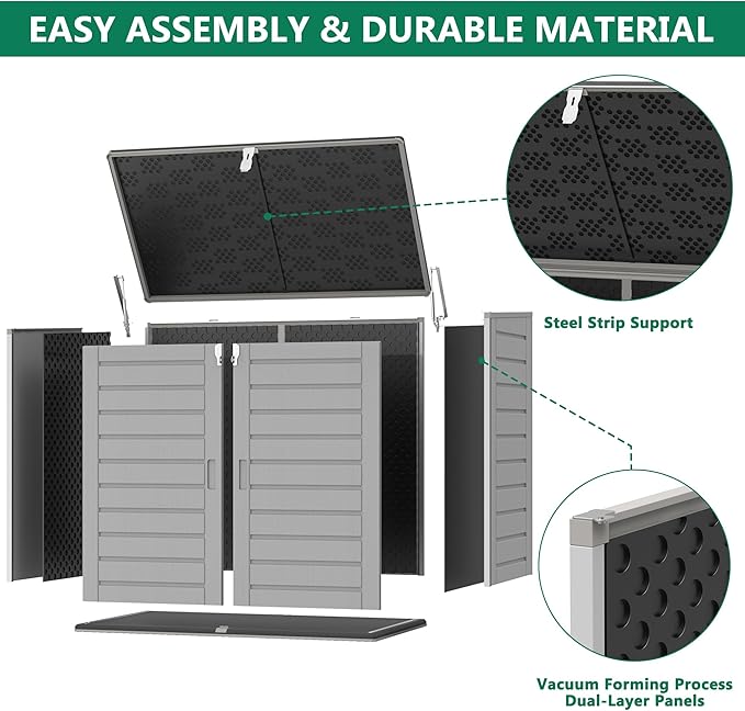 Uhomepro 4.6 Ft. X 4.1 Ft Outdoor Horizontal Storage Shed, Resin Storage Shed with Double Lockable Doors, Ideal for Garbage Can Storage and Garden Tools, Strong Water Resistance, Gray
