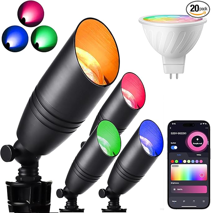 Remote Control RGB Color Changing Landscape Lighting,Low Voltage Spotlights,IP65 Waterproof Uplights for Yard,Heavy Duty Accent Fixtures, Double White MR16 Light Bulbs Included 5W 2700K