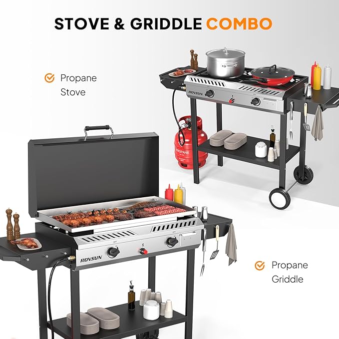 ROVSUN 2 Burner Outdoor Propane Gas Stove with Auto-ignition, Regulator & Shelf, 150,000 BTU Powerful Stand Cooker for Backyard Patio Cooking Home Brewing Canning Turkey Frying