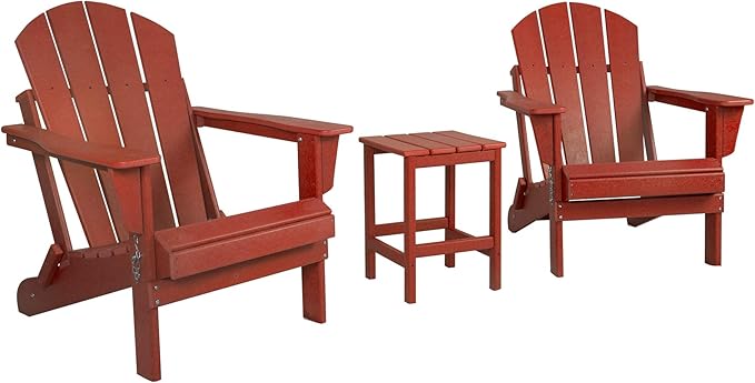 WO Home Furniture Adirondack Chairs Table Set of 3 PCS Outdoor Folding Chairs Side End Table Weather/UV Resistant for Lawn, Garden, Bon Fire, Balcony (Red)