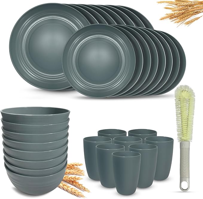 Kitchen Wheat Straw Dinnerware Sets (33pcs) Attached cleaning brush,Service For 8,Plastic Plates and Bowls Sets,Unbreakable Dinnerware,Lightweight Plastic Plate Set (gray)