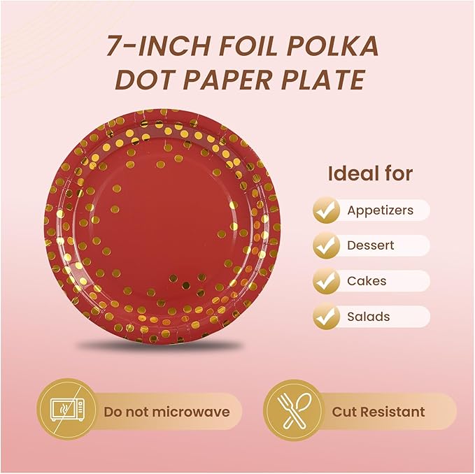 75PCS Paper Plates and Napkins Set - Red and Gold Dot Disposable Party Dinnerware Includes Paper Plates, Napkins, Forks Decorations for Graduations, Birthdays and Weddings, Serves 25