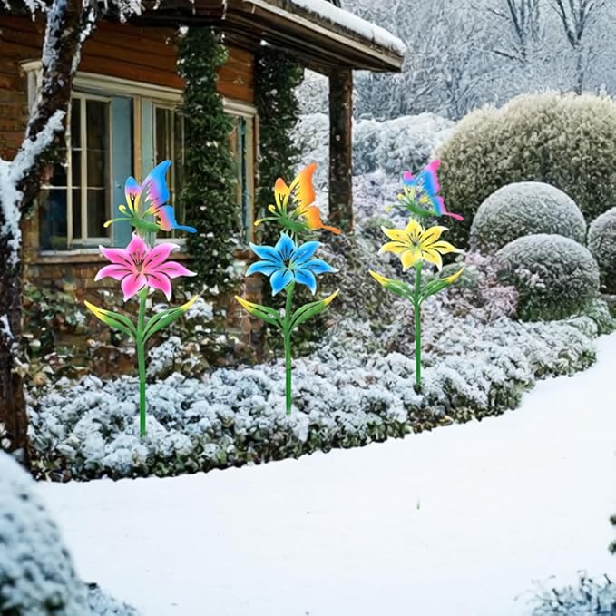 Metal Flowers for Outside, 30.3-22.4" 3-Pack Metal Colorful Butterfly & Flower Decorative Garden Stakes for Spring Garden Decor, Yard Art Decorations for Patio Lawn Ornaments