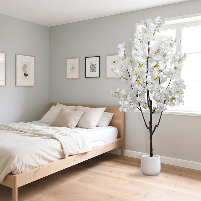 Faux White Cherry Blossom 6ft(72in) Artificial Floor Green Plant for Indoor Decor Natural Potted Tree with Texture Flowers Realistic Wood Trunk for Home Living Room,Office Perfect Housewarming Gift