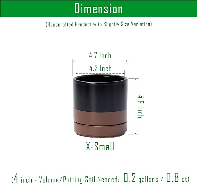 D'vine Dev Set of 4 Small Ceramic Plant Pots, 4.7 Inch Succulent Planter Pot for Plants with Drainage Hole and Saucer, Black/Speckled Tan, 94-X-B-7