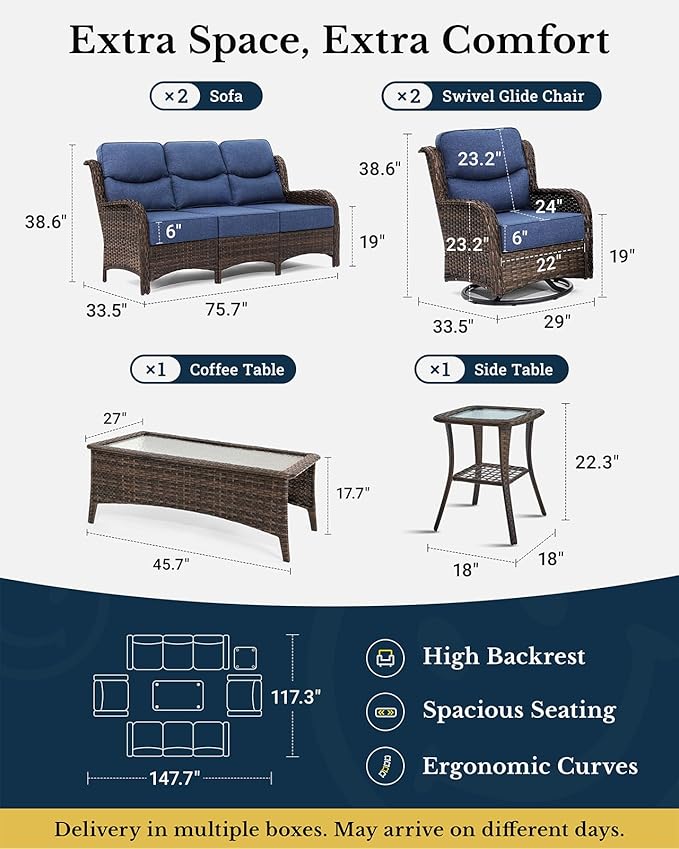 HILLGA Luxury Patio Furniture Set with 6-Inch Thick Cushions, High Back Outdoor Swivel Rocker Chairs and Patio Couch, 6-Piece All Weather Conversation Set for Porch Deck Pool Yard, Blue (V3)