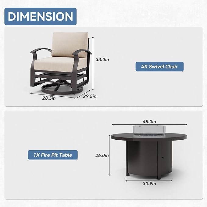 Kurapika 5 Piece Modern Metal Outdoor Conversation Sets, Patio Furniture Set, 4 Aluminum Swivel Chairs w/48in Round Propane Fire Pit Table and Thickened Cushions, Sand