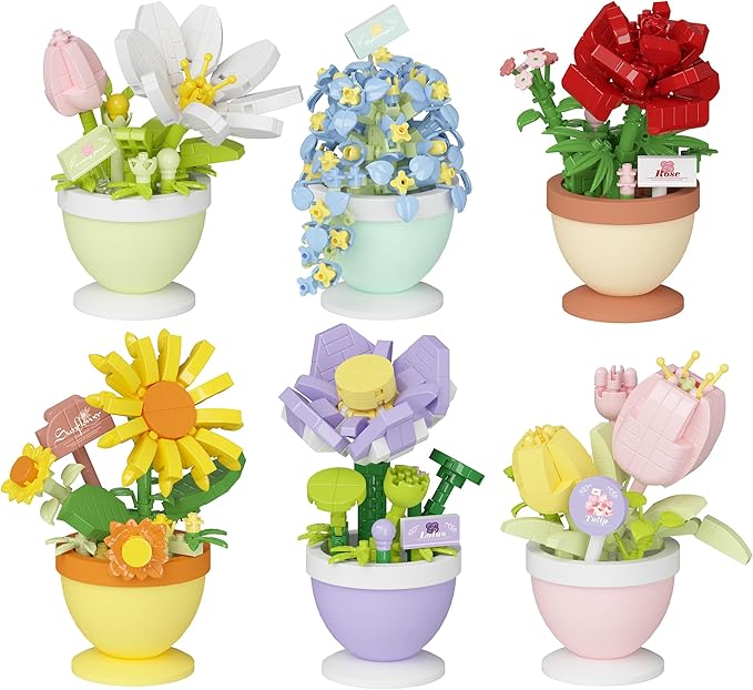 6 Set Mini Flower Bonsai Building Toy Potted Plant Blocks Artificial Particle Flower Botanical