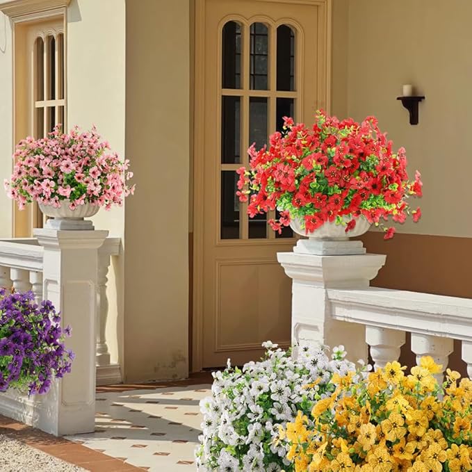 Artificial Fake Flowers Outdoor Spring Summer Decoration, 16 Bundles Faux Eucalyptus Violet Realistic UV Resistant for Outside Home Planter Porch Patio Yard Decor (Red Eucalyptus)