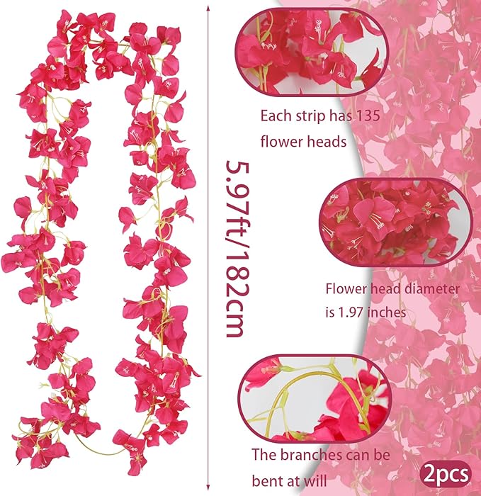 2 Pcs Artificial Bougainvillea Flowers Garland Fake Silk Bougainvilleas Vines Trailing Rose Red Faux Hanging Flowers Plants Bougainvillea Artificial for Porch Wedding Arch Spring Summer Decor