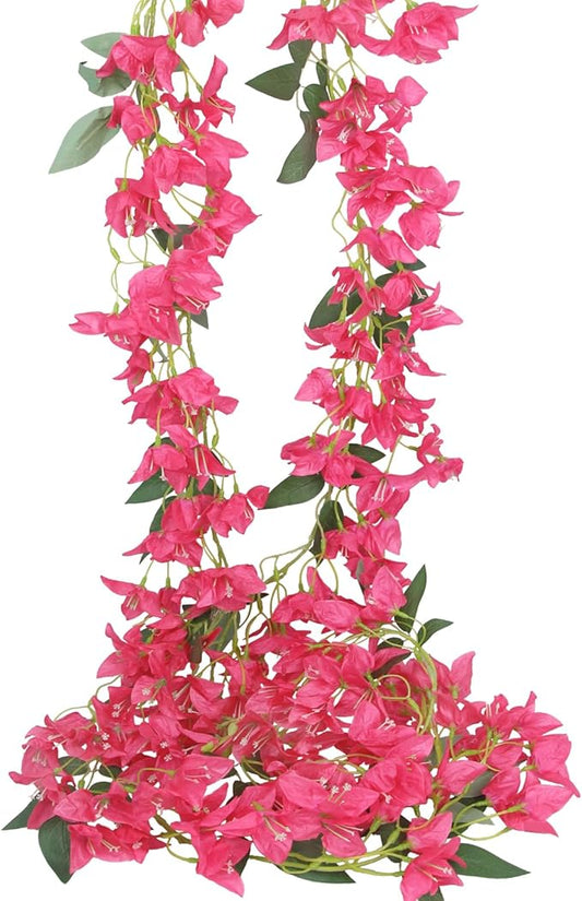 2Pcs Bougainvillea Artificial Hanging Flowers Plants for Outdoors Fake Silk Bougainvillea Vines Rose Red Artificial Flowers Garland UV Resistant Faux Flowers for Planter Porch Arch Table Decor