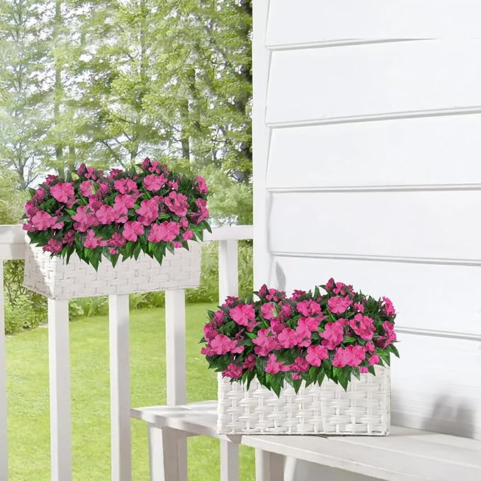 8 Bundles Artificial Flowers for Outdoors Silk Impatiens Flowers UV Resistant Faux Impatiens Plants Faux Flowers for Outdoor Planters Pot Lawn Garden Balcony Hanging Basket Porch (Rose Red)