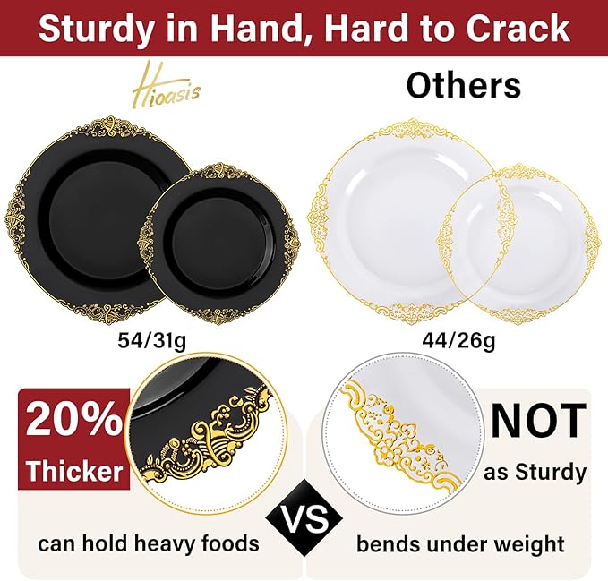 Hioasis 350pcs Black and Gold Plastic Plates - Diposable Dinnerware Set Suitable for 50 Guests Include 10.25" Dinner & 7.5" Dessert Plates, Pre Rolled Silverware Set, Cups for Party & Halloween
