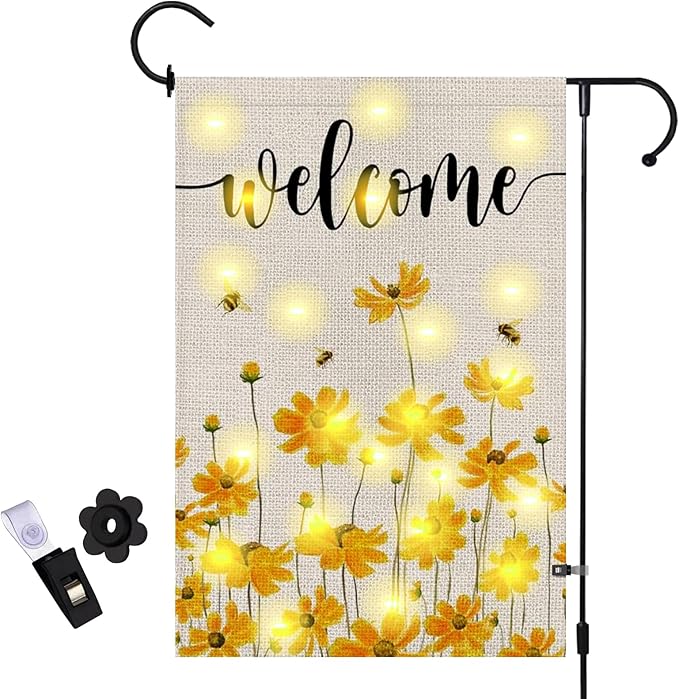 Spring Summer Floral Welcome Garden Flag with LED Lights, 12 x 18 Inch Double Sided Vertical Burlap Sunflower Bee Lighted Garden Flag for Seasonal Holiday Outdoor Yard Decoration