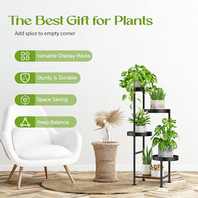 Plant Stand Indoor Outdoor, 5 Tier Metal Flower Pot Shelf Holder Clearance, Tall Corner Rack for Multiple Plants, Modern Organizer Display for Patio Orchid Office Porch Living Room Garden, Black