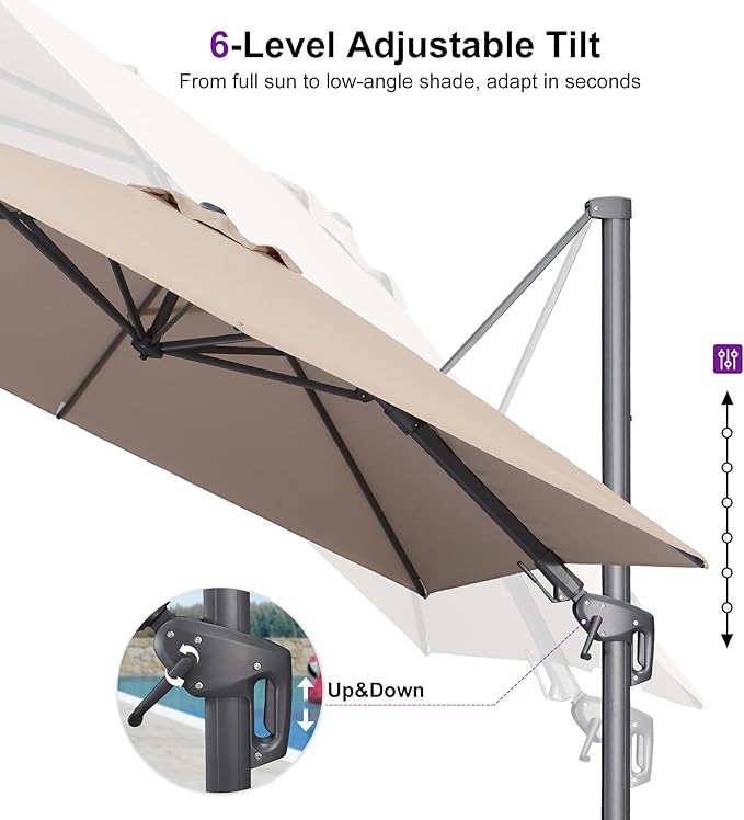 PURPLE LEAF 8' X 8' Swivel Outdoor Patio Aluminum Umbrella with Base Left-right Tilting Cantilever Offset Umbrella with UV Resistant Heavy Duty Fabric for Deck Pool Patio Backyard, Sand Dune