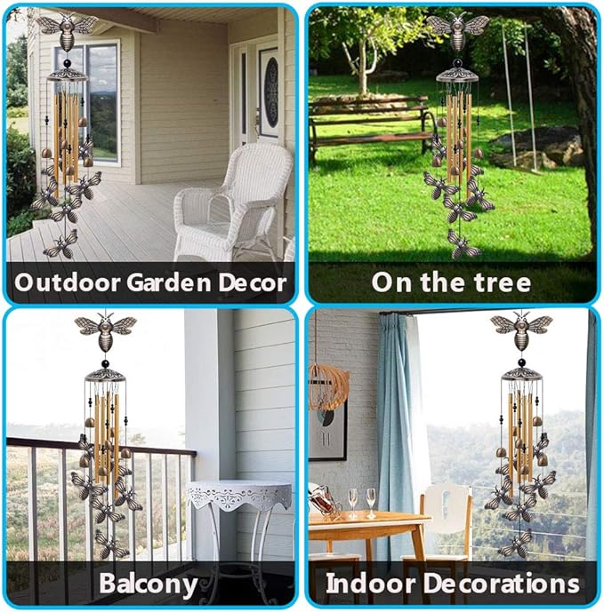 Garden Bee Wind Chimes Outdoor Indoor Decor - with 4 Tubes 6 Bells 7 Bees Wind Chime, Mobile Romantic Bee Wind Catcher, Bees Windchimes for Home, Mom Gifts, Balcony, Tree, Festival, Garden Decoration