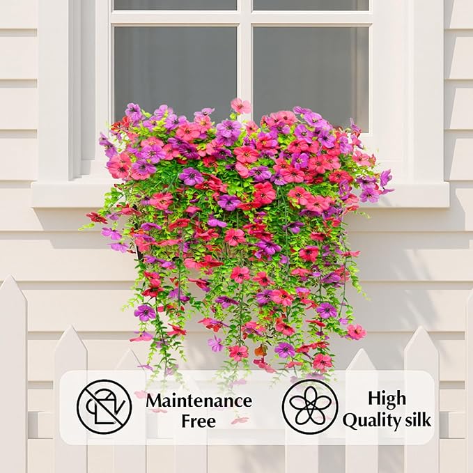 8PCS Artificial Hanging Flowers for Outdoors,Hanging Outdoor Faux Plants,UV Resistant Fake Flowers for Outdoor Planters,Realistic Fake Plants Spring Decor for Porch,Patio,Yard (RedPurple)