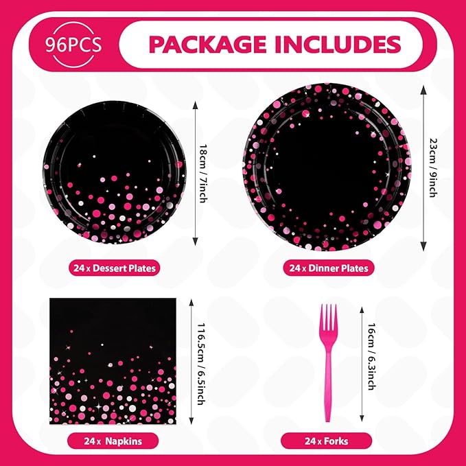 96Pcs Hot Pink and Black Party Supplies Black and Pink Birthday Plates and Napkins Tableware Sets Girls Night Party Decoration for Bachelorette Pajama Wedding Bridal Baby Shower Decorations Serves 24
